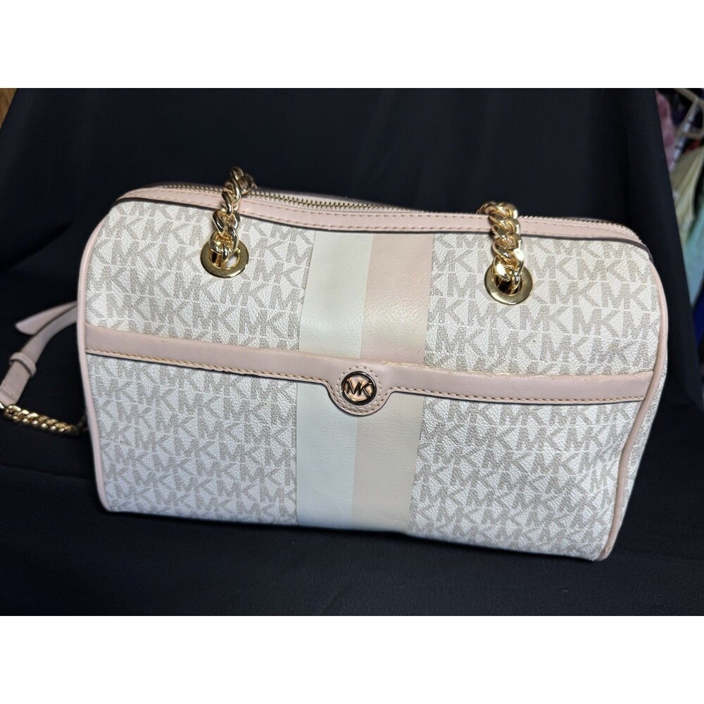 MICHAEL KORS BLAIRE VANILLA PINK LOGO GOLD CHAIN MED DUFFLE SATCHEL BAG *READ*** - Picture 3 of 13
